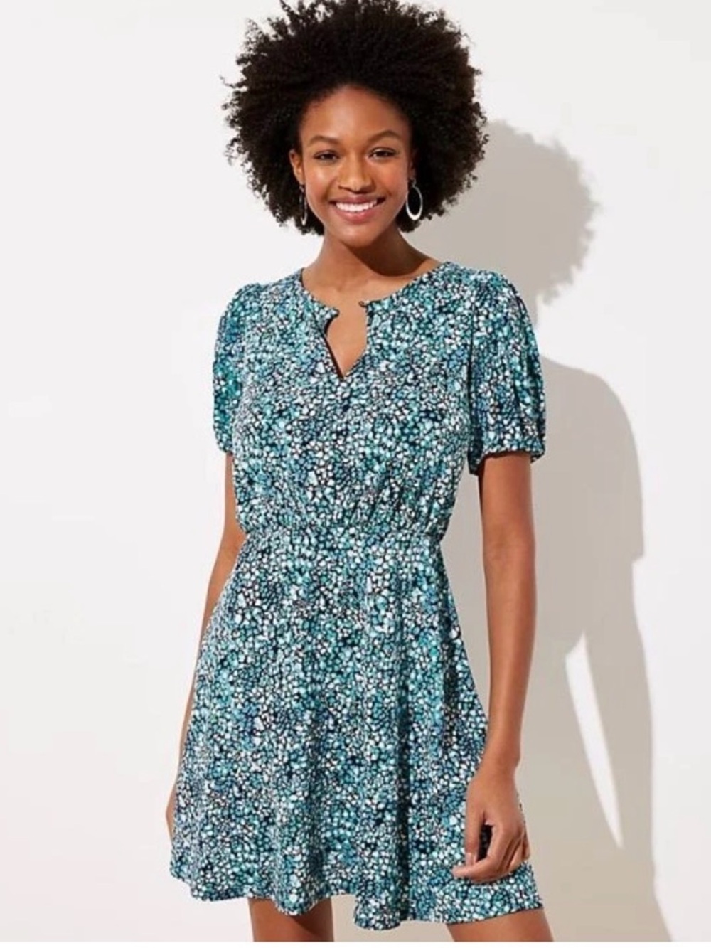 LOFT Floral Teal Jersey‎ Knit Wildflower Puff Sleeve Fit & Flare Mini Dress SZ 4